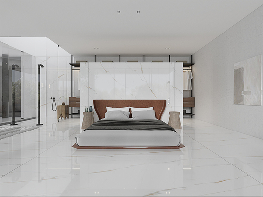 kaufen Säurebeständige moderne polierte weiße Carrara 1420x2700mm Innenfußboden polierte Sintersteinplatte für Schlafzimmer on-line-Fertigung
